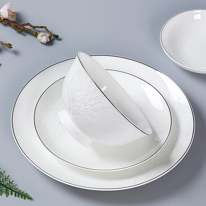 Fine Bone China Dinnerware Set,Porcelain&Ceramic Dinnerware Sets,Bone Stoneware&Ceramic Cookware Tableware Set Includes Dinner Plates|Spoons|Pasta Bowls|Soup Pot|Chopsticks (60PCS * 16-Person Set)