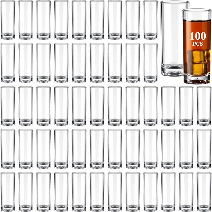 100 Pcs Shot Glasses Set 2.2 oz Mini Shot Cup Bulk, Clear Plastic Unbreakable Base Plastic Glass for Custom, Birthday Wedding Guest Gift (Tall)