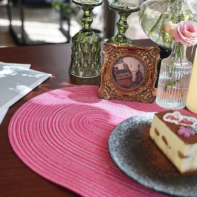Noctiflorous Oval Braided Placemats Set of 6 Woven 12x18 Inch Non Slip Washable Heat Resistant Place Mats Tablemats for Dining Kitchen Party Daily Table Decor Dinner Mats (Hot Pink, 6)