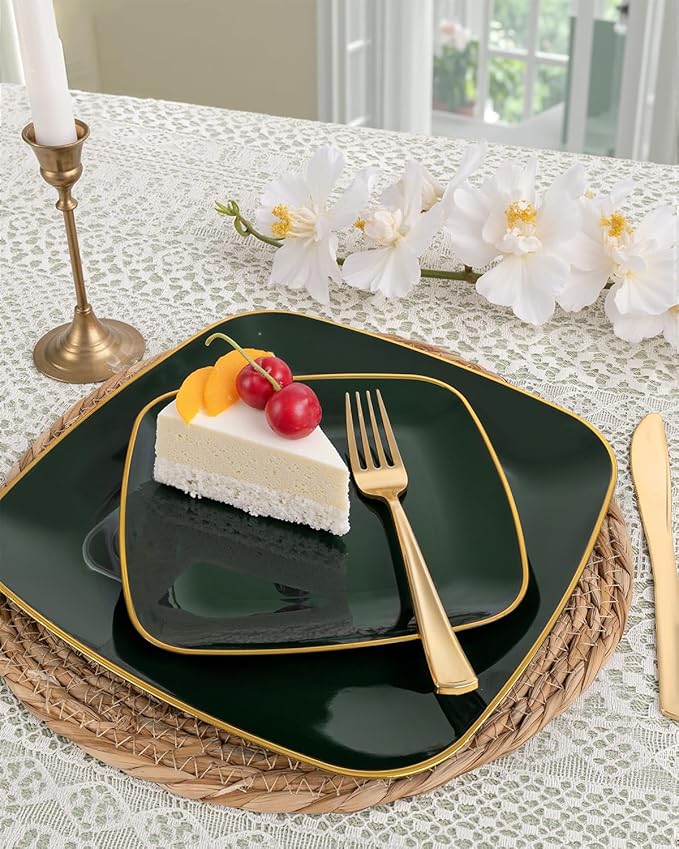 bUCLA 50PCS Green and Gold Plastic Plates - Green Gold Square Plastic Disposable Include 25 Each (Dinner & Dessert) Plates, Ideal for Party & Christmas