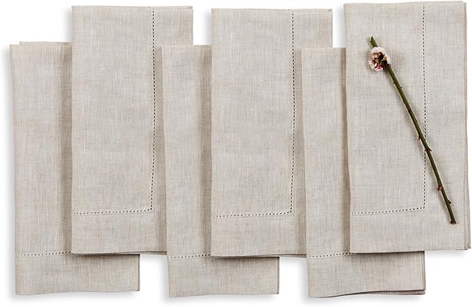 Solino Home Light Natural Linen Napkins Set of 6-100% Pure Linen Hemstitch Dinner Napkins 20 x 20 Inch for Spring, Easter - Classic Hemstitch