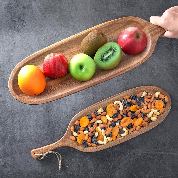 3PCS Heavy Wood Plates 16.5" Wooden Plates with Handl Reusable Dinner Plates Tableware Set of 3Acacia Solid Wood Plate Havry Wooden for Meat Steak Dessert Bread Unbreakable Classic Plate