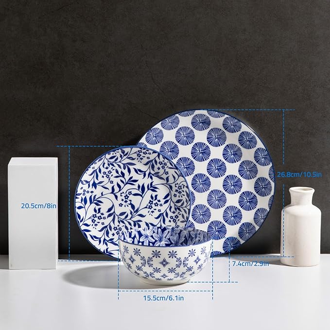 Sweejar 24 Pieces Ceramic Dinnerware Sets, Handmade Plates and Bowls Sets, Highly Scratch Resistant Dishes Set for Kitchen,Porcelain Dishwasher & Microwave Safe Dishes Set,Service for 8 (Vintage Blue)
