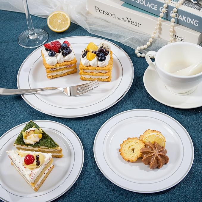 NOCCUR 200PCS Silver Plastic Plates Disposable for 100 Guests - Include 100 Dinner / 100 Dessert Plates Heavy Duty - Ideal for Party/Wedding/New Year