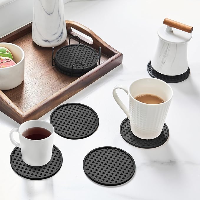 Coasters for Drinks, Silicone Coasters Set of 8 with Metal Holder, Outdoor Coaster for Coffee Table, Non-Slip Rubber Table Cup Mat Desk, Heat Resistant & Scratch-Proof (Black)