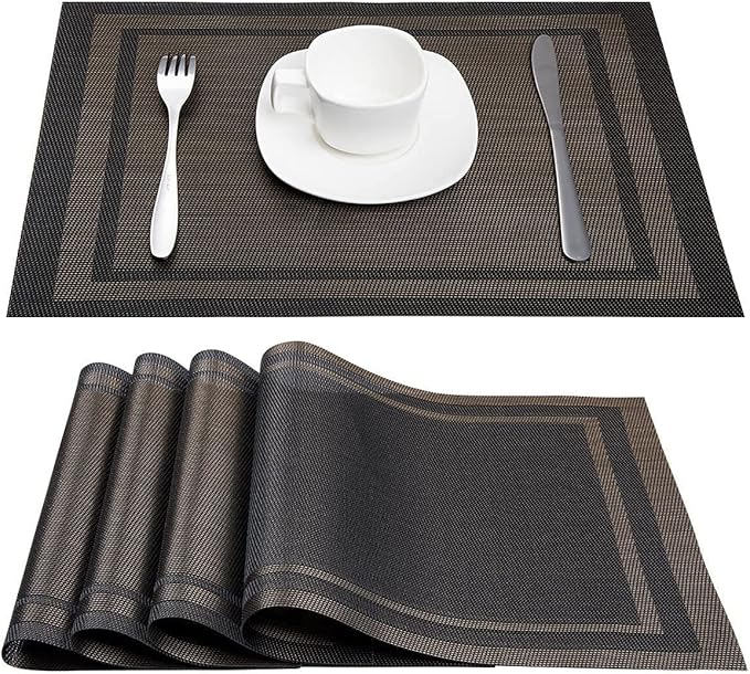 DACHUI Placemats Set of 6, Linen Look Woven Place Mats, Water Resistant, Heat Resistant, Washable, Durable Table Mats (Black Gold)