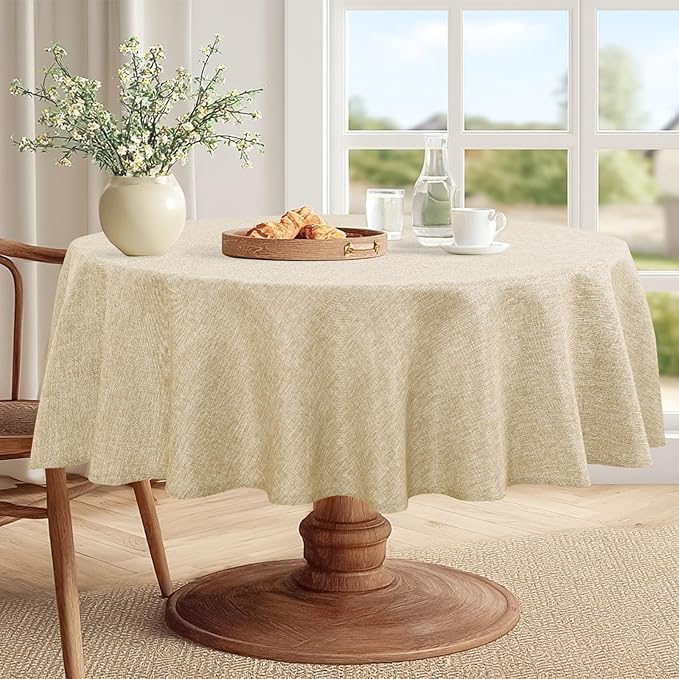 JIUZHEN Round Table Cloth Faux Linen Farmhouse Tablecloth Wrinkle and Stain Resistant Decorative Fabric Table Cover for Kitchen, Dining Room, Parties and Camping, Beige, 108 Inch Round