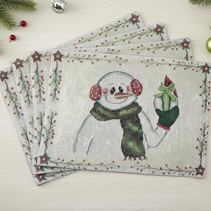 DaDa Bedding Magical Snowman Placemats - Set of 4 Festive Holiday White Tapestry - Cotton Linen Woven Dining Table Mats - 13” x 19” (9733)