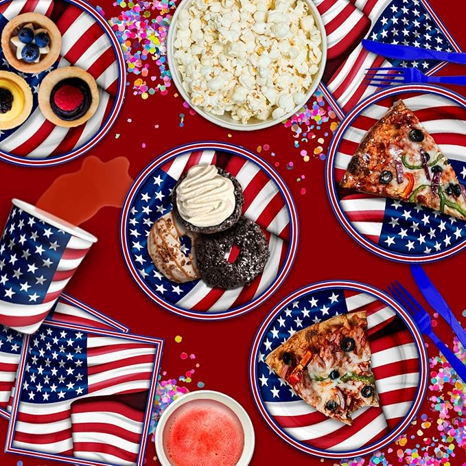 Fourth of July Paper Plates - 4th of July Disposable Plate Sets - American Flag Patriotic Party Supplies Set Plates Napkins Cups Tableware Kit for 16
