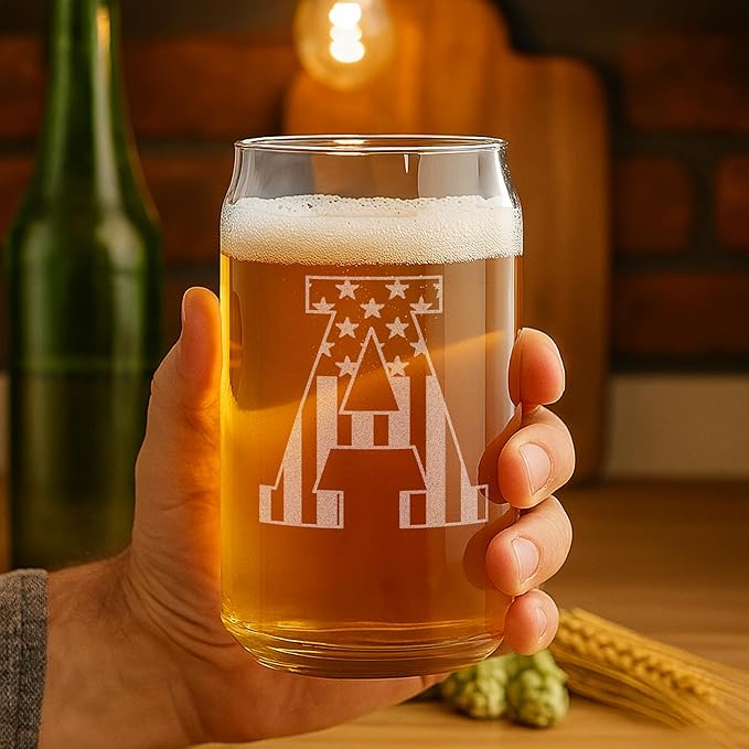 Monogram Beer Glasses for Men (A-Z) 16 oz - Beer Gifts for Men Brother Son Dad Neighbor - Unique Gifts for Him - Personalized Drinking Gift Beer Glass Mugs - Engraved Beer Can Glass (A)