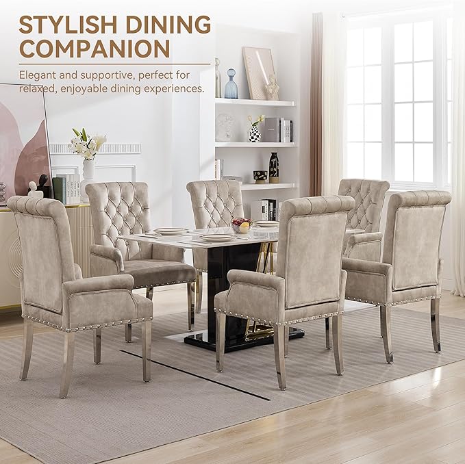 Velvet Dining Chair with Arms, Upholstered Tufted High Back Dining Room Chairs, Accent Armchair with Chrome Leg and Nailhead Trim, Kitchen Dining Living Room, Beige (Ivory)
