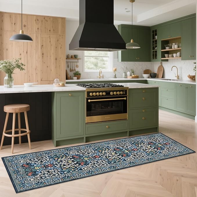 GarveeHome Floral Hallway Runner Rug, 2.5x8 Kitchen Runner Rugs, Washable Non Slip Entryway Rugs Indoor, Ultra-Thin Stain Resistant Carpet Floor Mat for Laundry Room, Dark Blue