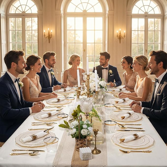 Liacere 350PCS Ivory Plastic Plates - Cream Disposable Plates With Gold Rim - 50Guest Baroque Plastic Dinnerware include 100 Plates - 50 Pack Pre Rolled Napkins Silverware 50Cups for Wedding＆Easter