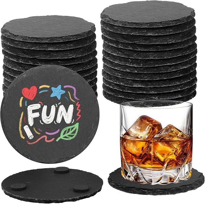 24 PCS Black Natural Slate Coasters Bulk Set 4 Inch Laser Engraving Blanks with Anti Scratch Bottoms for Home, Office, Bar, Gifts Round Coasters