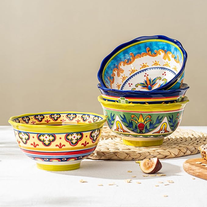 UNICASA Ceramic Soup Bowls Set, 16 oz Cereal Bowls Set of 4, Porcelain Colorful Bowls for Ramen, Dessert, Snack, Boho Style, Dishwasher & Microwave Safe