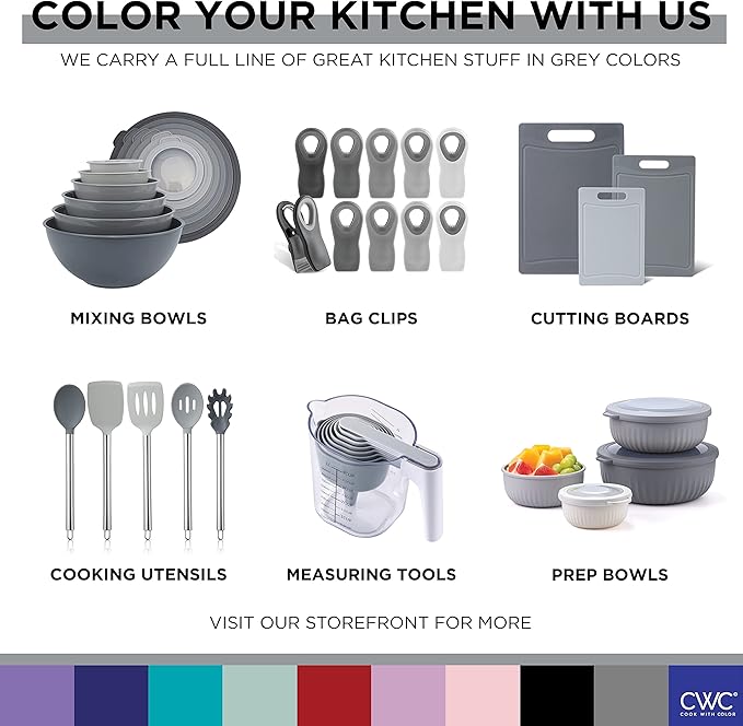 COOK WITH COLOR Mixing Bowls with Lids - 12 Piece Plastic Nesting Bowls Set includes 6 Prep Bowls and 6 Lids, Rhombus Design - Microwave Safe (Grey)