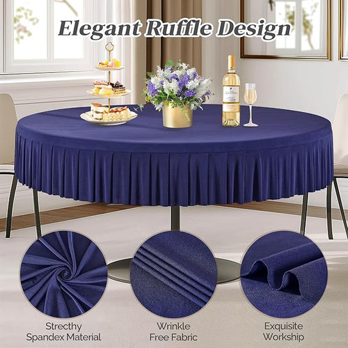 1 Pack Navy Blue Spandex Round Tablecloths for 60 inch Table, Stretchy Fitted 5FT Round Table Cloth with Skirt for Wedding Party Dining Banquet