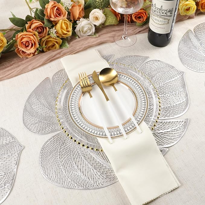 Evevda Silver Leaf Shaped Vinyl Placemats for Dinner Table Set of 8 Metallic Plastic Place Mats Wipeable 8Pcs Table Mats for Wedding Annersary Dinner Table Decoration Mats(17.7x13.8inch/45x35cm)…