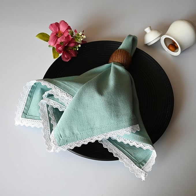 Fingercraft Dinner Cloth Napkin Cotton Linen Set of 12 Mitered Corners with Natural Elegant Lace for Everyday Use Napkins are Pre Shrunk and Good Absorbency with Lace 20x20 in Aqua