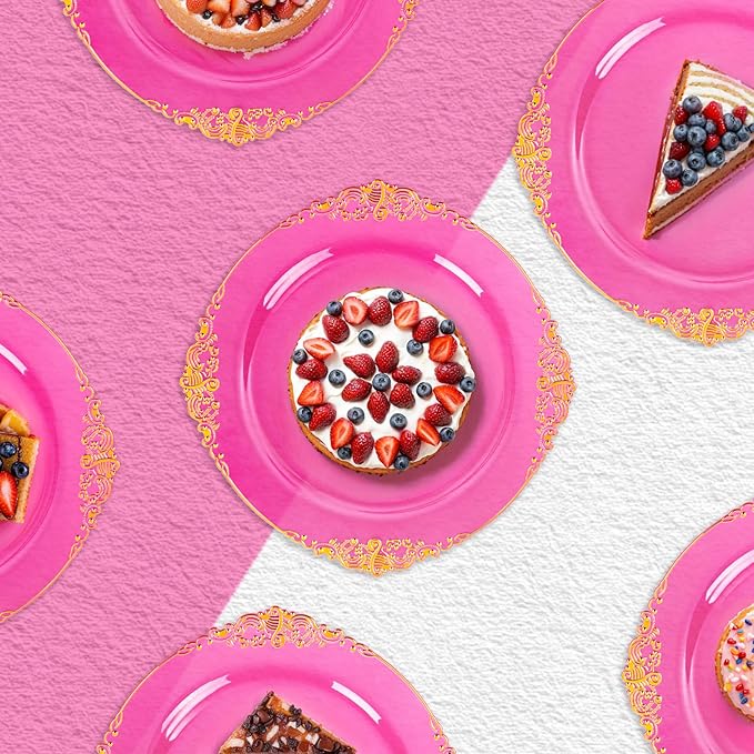 102PCS Clear Hot Pink Plastic Plates - Pink Disposable Plate with Gold Rim - Hot Pink Party Plates Include 51PCS 7.5inch Dessert & 10.25inch Dinner Plate for Wedding Birthday Valentine's Day