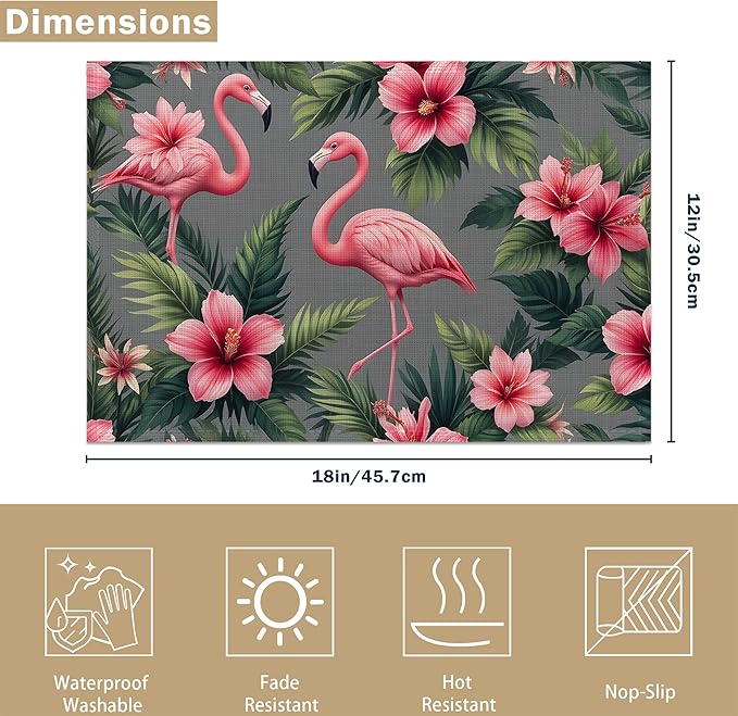 Pink Flamingo Placemats Set of 6, Tropical Palm Leaves Waterproof Linen Fabric, Non-Slip Backing & Easy Clean, Elegant Dining Table Placemats for Family and Guests