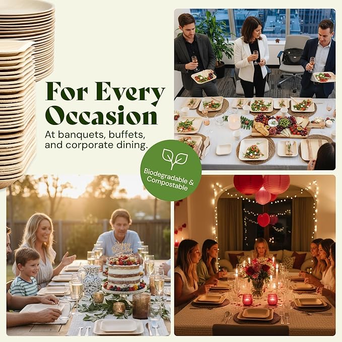 Chic Leaf 7 Inch Palm Leaf Plates - Heavy Duty Disposable Party Tableware - Bamboo Style Round Saucers for Wedding Appetizers, Winter Events & Upscale Look for Valentine’s Meal (50 Pack)