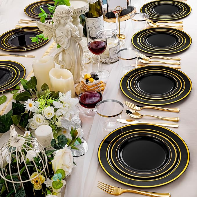 bUCLA 300PCS Black and Gold Disposable Dinnerware Set - 50 Guests Black Plastic Plates with Gold Rim Include 50 Dinner / 50 Dessert Plates, 50 Forks,50 Knives,50 Spoons&50 Cups for Party&New Year