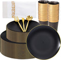 EI 350Pcs Black and Gold Matte Frosted Plastic Plates Disposable Heavy Duty,Dinnerware Set for Party Include 100 Disposable Plates,150 Silverware,50 Napkins,50 Cups for Party/Wedding/Events,Hotel