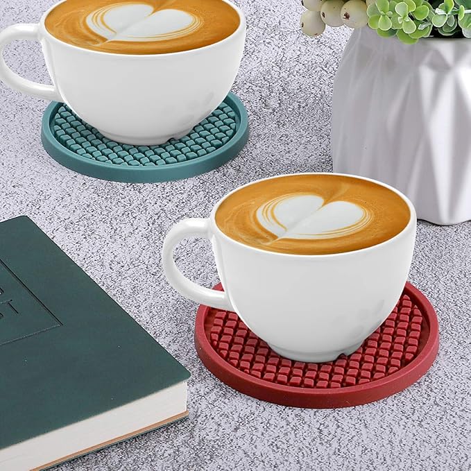 ME.FAN Silicone Coasters [6 Pack] Thickened Drink Coasters with Holder - Cup Mat - Non-Slip, Non-stick, Stay Put, Deep Tray - Prevents Furniture and Tabletop Damages(Yellow)