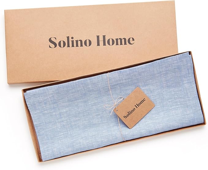 Solino Home Linen Table Runner 108 Inches Long - Athena, 100% Pure Linen Chambray Blue Table Runner 14 x 108 Inch for Dining, Winter, Spring, Easter