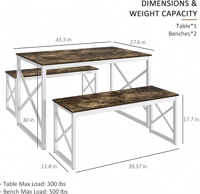 VECELO Kitchen Dining Table Sets for 4, Wood Dinette 2 Benches with Metal Frame for Dinner Breakfast Nook and Small Space, Dark Brown