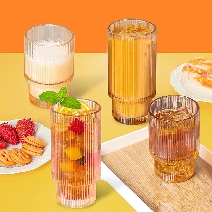 6 Pack Large 16Oz Ribbed Drinking Glasses Vintage Amber Set - Elegant ribbed glass cups, vintage drinking glasses for water, juice, cocktails, whiskey, iced coffee, smoothies – gift for home