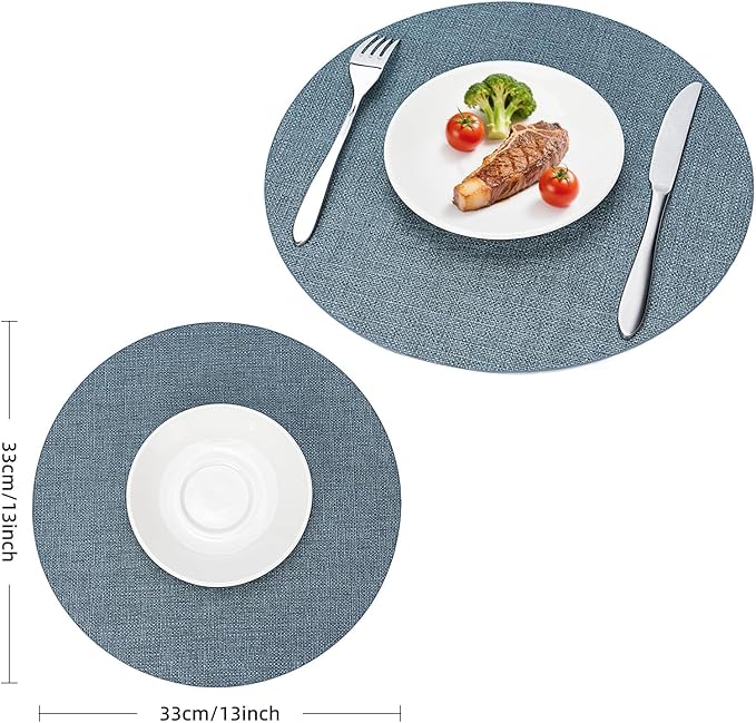 Round Wipeable Placemats Set of 6 – Faux Leather Round Table Mats, Waterproof & Washable Vinyl Placemats, Circle Design for Dining Table Decor– Charcoal Blue