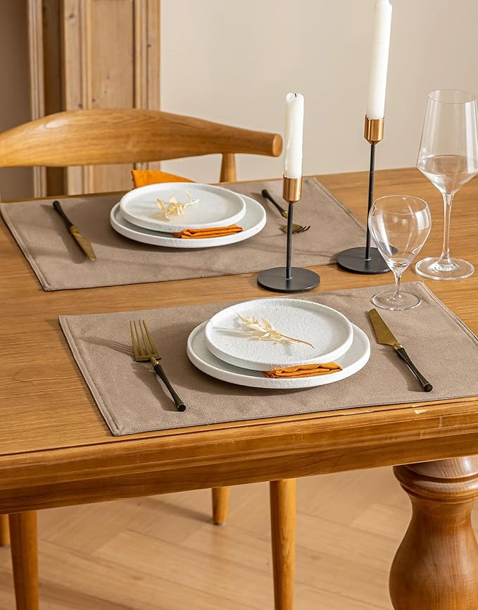 Linen Dining Table Placemats Set of 6 Indoor Brown Plate Placement Mats Farmhouse Cloth Place Mats Water Repellent Heat Resistant 12x18 Inch