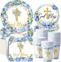 Pickmesh 250 Pcs Blue Baptism Cross Disposable Tableware Set First Holy Communion Baptism Disposable Paper Plates Napkins and Cups for Christening Celebration Baby Shower Religious Supplies