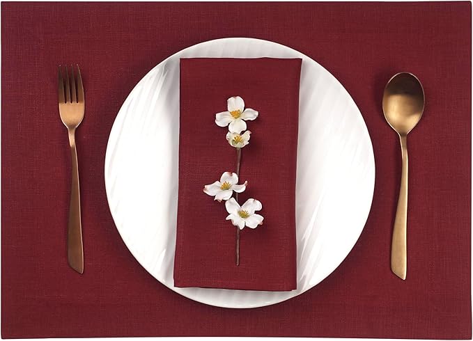 D'Moksha Homes Linen Placemats 14 x 19 Inch - Dark Red Placemats Set of 4-100% Pure Linen Table Place Mats for Valentines, Spring - Handcrafted and Machine Washable