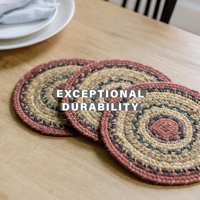 Homespice Highland Jute Braided Rope Coasters 4", Warm Lodge and Cabin Decor, Set of 6, Multicolor - Durable, Absorbs Moisture, Easy to Clean and Protects Furniture