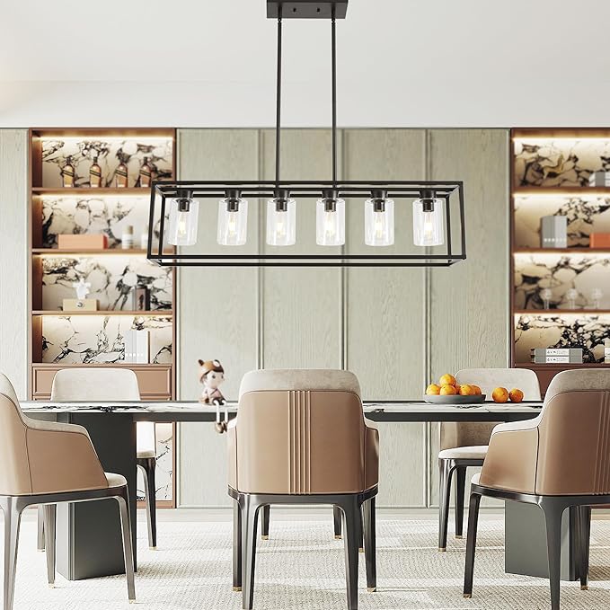 XILICON Dining Rooms Oil Rubbed Bronze Chandeliers,Kitchen Island Farmhouse Lighting Fixture Industrial Rustic Ceiling Hanging 6 Light Modern Pendant Light with Glass Shade