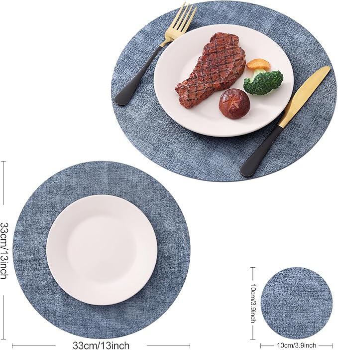 Homaxy Round Faux Leather Placemats and Coasters, Washable Dual-Side Table Mats, Wipeable Heat-Resistant Dining Place Mats for Outdoor and Indoor, Set of 6, Diameter 13 and 3.93 inch, Blue