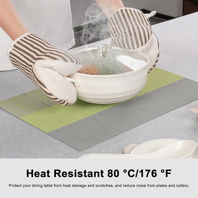Placemats Set of 4, Vinyl Woven Place Mats Indoor Set of 4 Washable Wipeable PVC Table Mats Heat-Resistant Non Slip Placemat for Kitchen Dining Outdoor Table (Gray Grass Green, Set of 4)