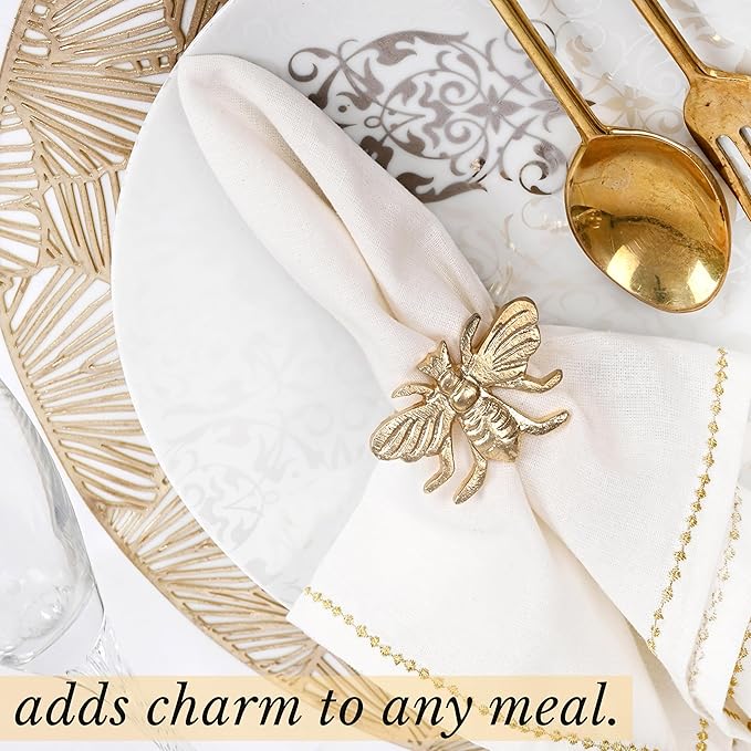 CLEENTABLE Elegant Bee Napkin Rings Set of 12 - Decorative Metal Napkin Rings Holiday Napkin Holders for Table Settings, Special Occasions, Decor & Gift Giving Ideas (Gold)