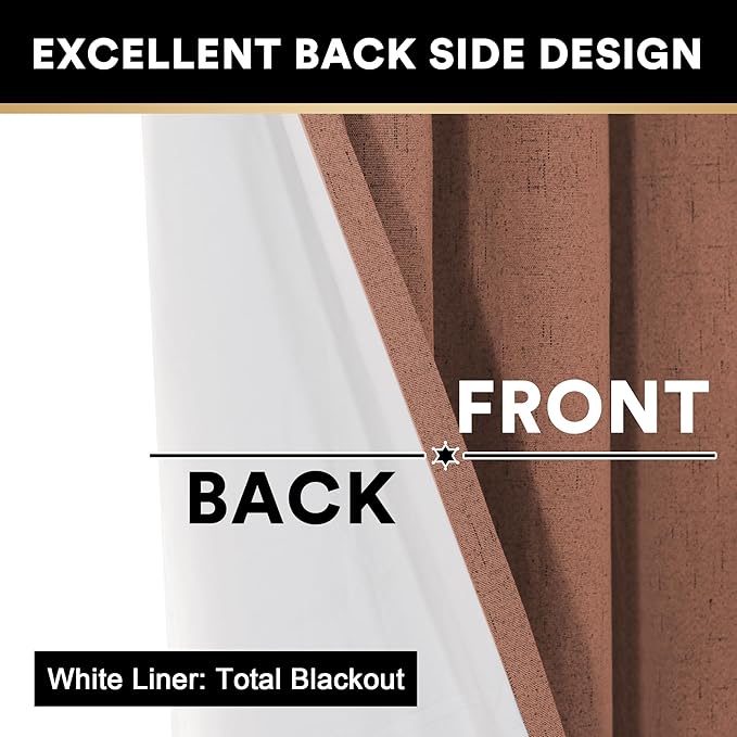 PrinceDeco Linen 100% Blackout Curtains 84 Inches Length 2 Panels Set Grommet Linen Textured Curtains for Bedroom Soundproof Window Treatment Drapes with White Liner, 42" Wide Per Panel, Washed Spice