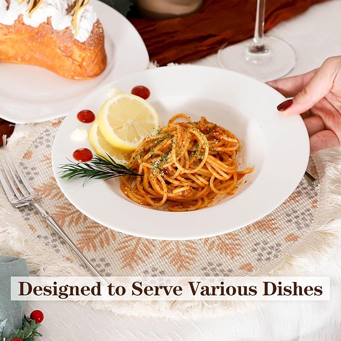 8.5 Inch Ceramic Soup Plate Set of 6, 8 Ounces Wide Rimmed Porcelain Soup Bowl, White Pasta Plates for Salad, Appetizer, Snack, Pizza, Microwave and Dishwasher Safe