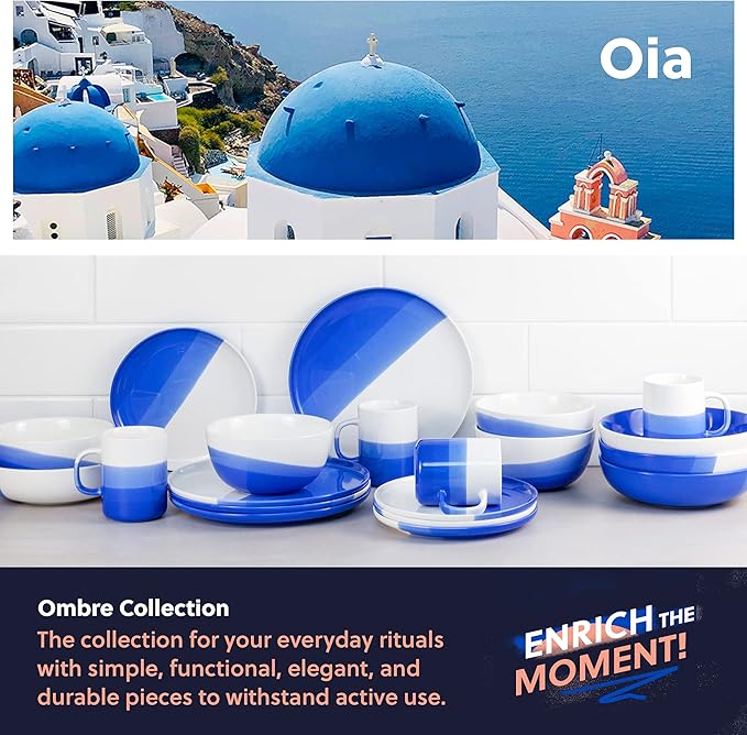 Ombre Cereal Bowls in Oia Blue - 34 oz - For Soup, Dessert, Noodle, Salad, Snacks, Serving - Ceramic Porcelain Bowl Set of 4 - Ombre Dinnerware Collection