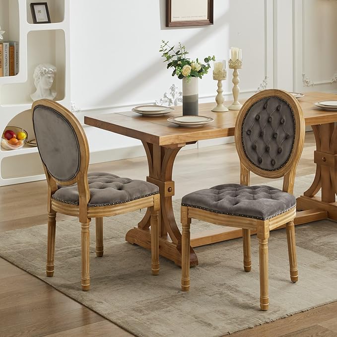 Ball & Cast French Vintage Upholstered Dining Chairs Set of 2, Button Tufted Kitchen Side-Chairs with Carved Antique Wood Frame & Nailhead Trims, 2-Piece Curved Backrest Louis Chair, Velvet Gray