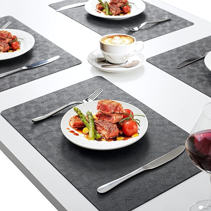 Vinyl Placemats Set of 8 Faux Leather 100% Waterproof Wipeable Washable Place Mats Heat Resistant Easy Clean Non-Slip Table Mats for Indoor Outdoor. (8,Gray)