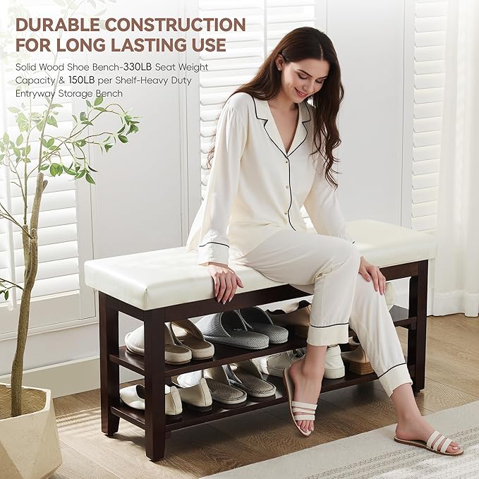 40" Shoe Bench with Leather Cushion, 2-Tier Shoe Rack Entryway Bench, Wood Bench for Front Door Entrance, Mudroom, Hallway, Wooden Shoe Shelves, Shoe Organizer, Shoe Storage, White