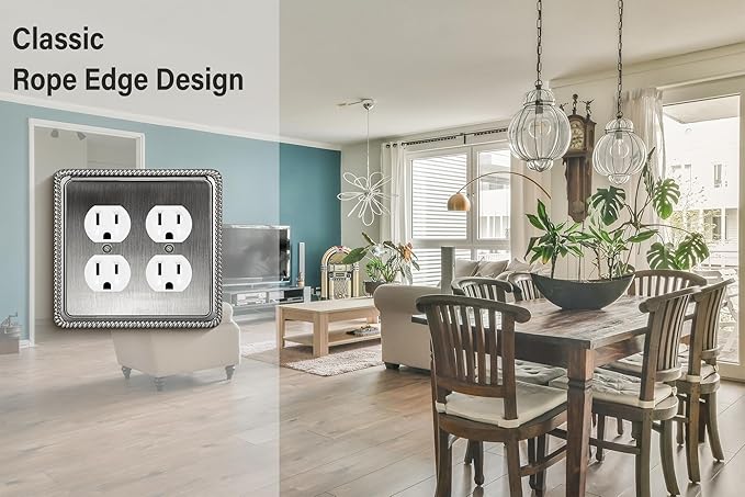Henne Bery Rope Edge Decorative Wall Plate Switch Plate Outlet Cover (Double Duplex, Heirloom Silver)