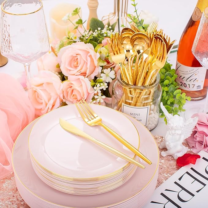 I00000 150 PCS Pink Plastic Plates for Party,Heavy Duty Pink Disposable Plates,Gold Dinnerware Set Include 30 Dinner Plates,30 Dessert Plates,30 Gold Plastic Silverware Set for Valentine's Day