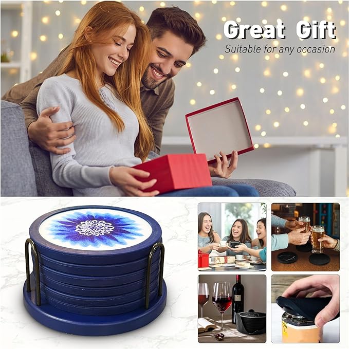 Indigo Floral Non-Slip Silicone Coasters, 4-Pack Double-Sided Absorbent Cup Mats for Hot & Cold Drinks, Scratch & Water Ring Protection for Wood Tables, Home Office Bar Use (6PC)